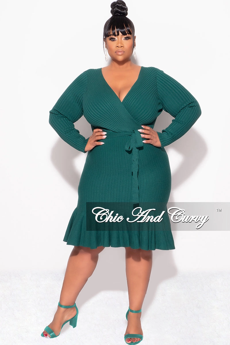 Final Sale Plus Size Faux Wrap Ribbed BodyCon Dress with Waist Tie and Bottom Ruffle in Green Moisture control Comfort Cushioning