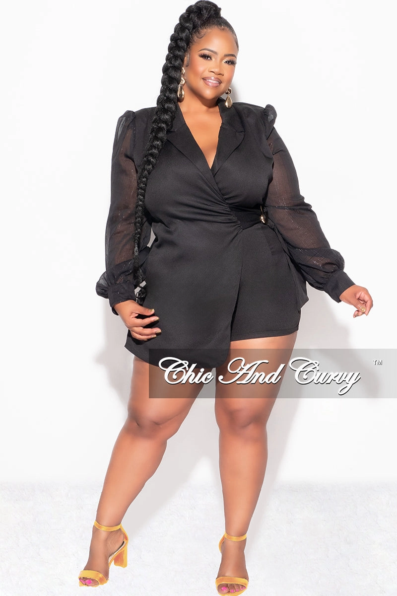 Final Sale Plus Size Faux Wrap Romper with Chiffon Sleeves in Black Day Adventure High-rise waist