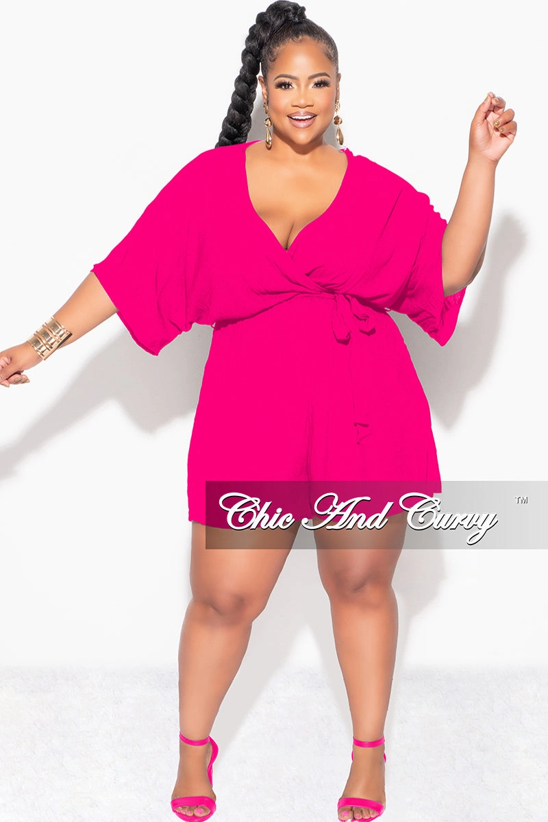 Smart Comfort slim cut Final Sale Plus Size Faux Wrap Romper with Tie in Fuchsia