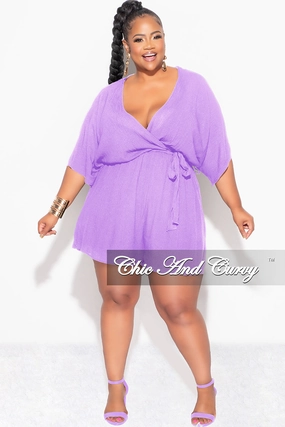 Essential Layer Final Sale Plus Size Faux Wrap Romper with Tie in Lavender