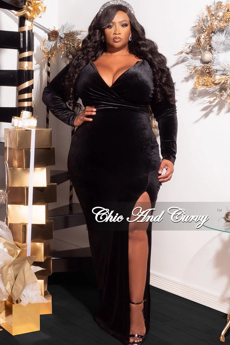 AntiMicrobialLining AllSeason Wearability Final Sale Plus Size Faux Wrap Ruched Gown Velvet with Slit in Black