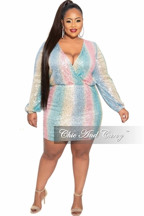 Reinforced Hems Breathable Tank Final Sale Plus Size Faux Wrap Sequin Mini Dress in Multi Pink Blue Yellow