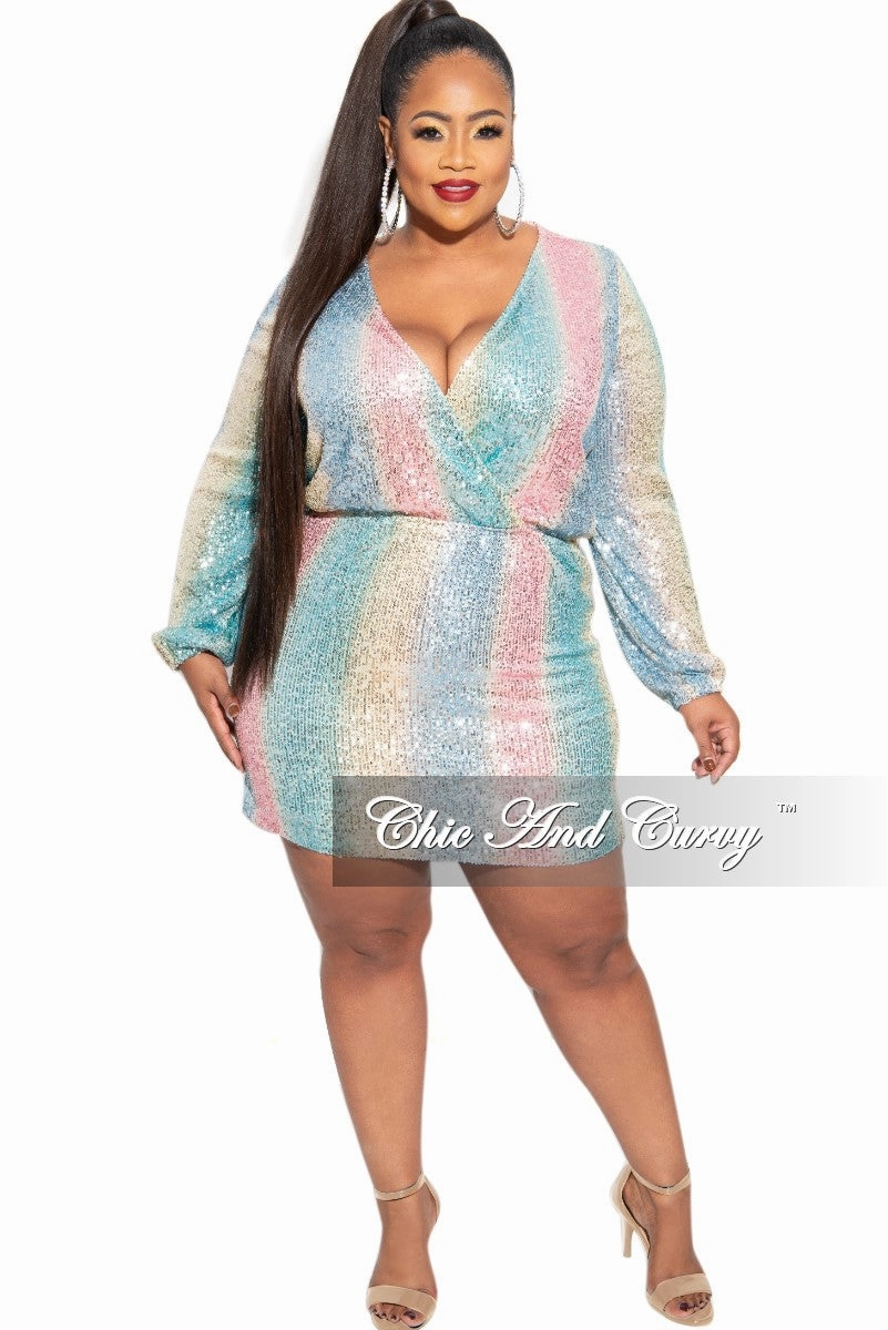 NonSlip Grip Tape LightweightLayeredFabric Final Sale Plus Size Faux Wrap Sequin Mini Dress in Multi Pink Blue Yellow
