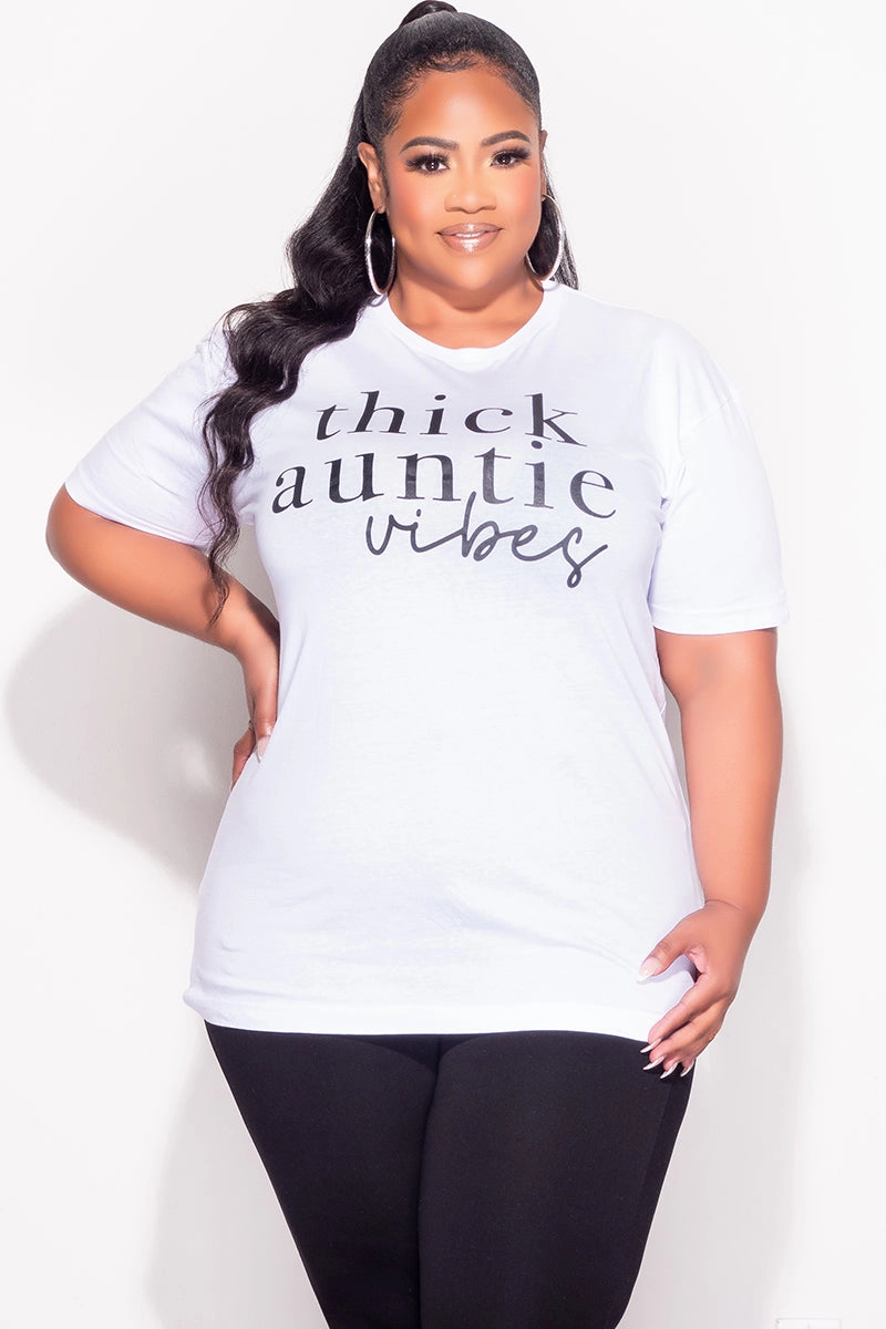 StaticResistantMaterial Compression Fit Final Sale Plus Size Fitted "Thick Auntie Vibes Graphic T-shirt in  White and Black