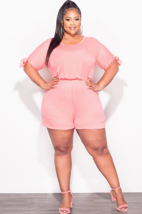 Final Sale Plus Size French Terry Romper with Self Tie Back in Coral Sporty Stretch Fit Chilly Day Ready