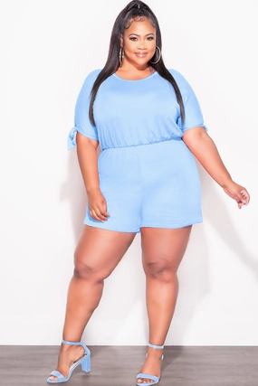 Denim finish Chilly Layering Final Sale Plus Size French Terry Romper with Self Tie Back in Soft Blue