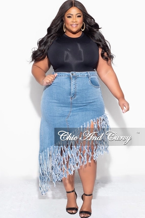 Final Sale Plus Size Fringe Asymmetric Skirt in Denim Non Restrictive Fit Essential Comfort Wear