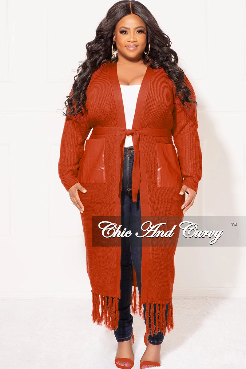 Final Sale Plus Size Fringe Knit Sweater Duster with Faux Leather Pockets in Rust Temperature Regulating Fabric