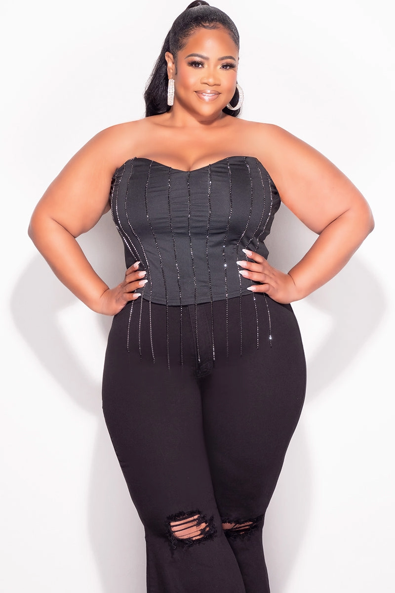Final Sale Plus Size Fringe Rhinestone Tube Top in Black No Tag Easy Access