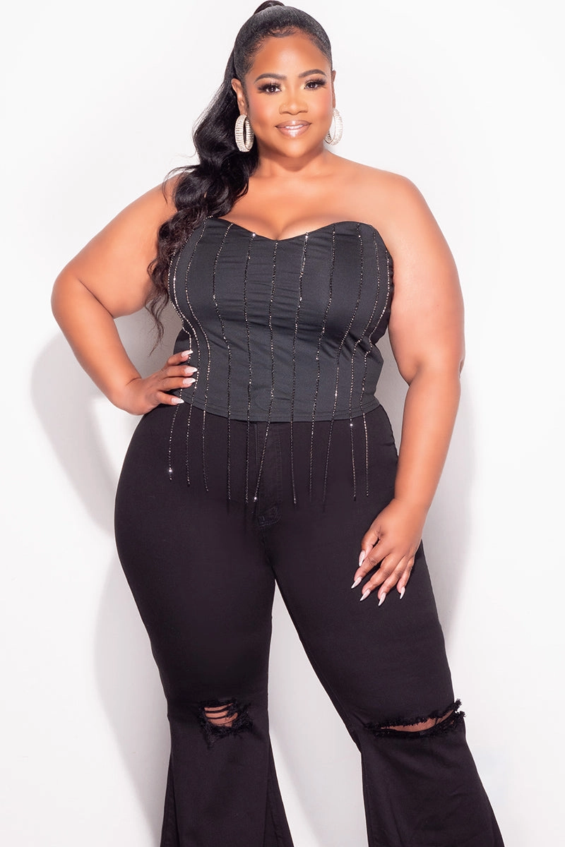 Final Sale Plus Size Fringe Rhinestone Tube Top in Black Breathable activewear Hygienic Coating