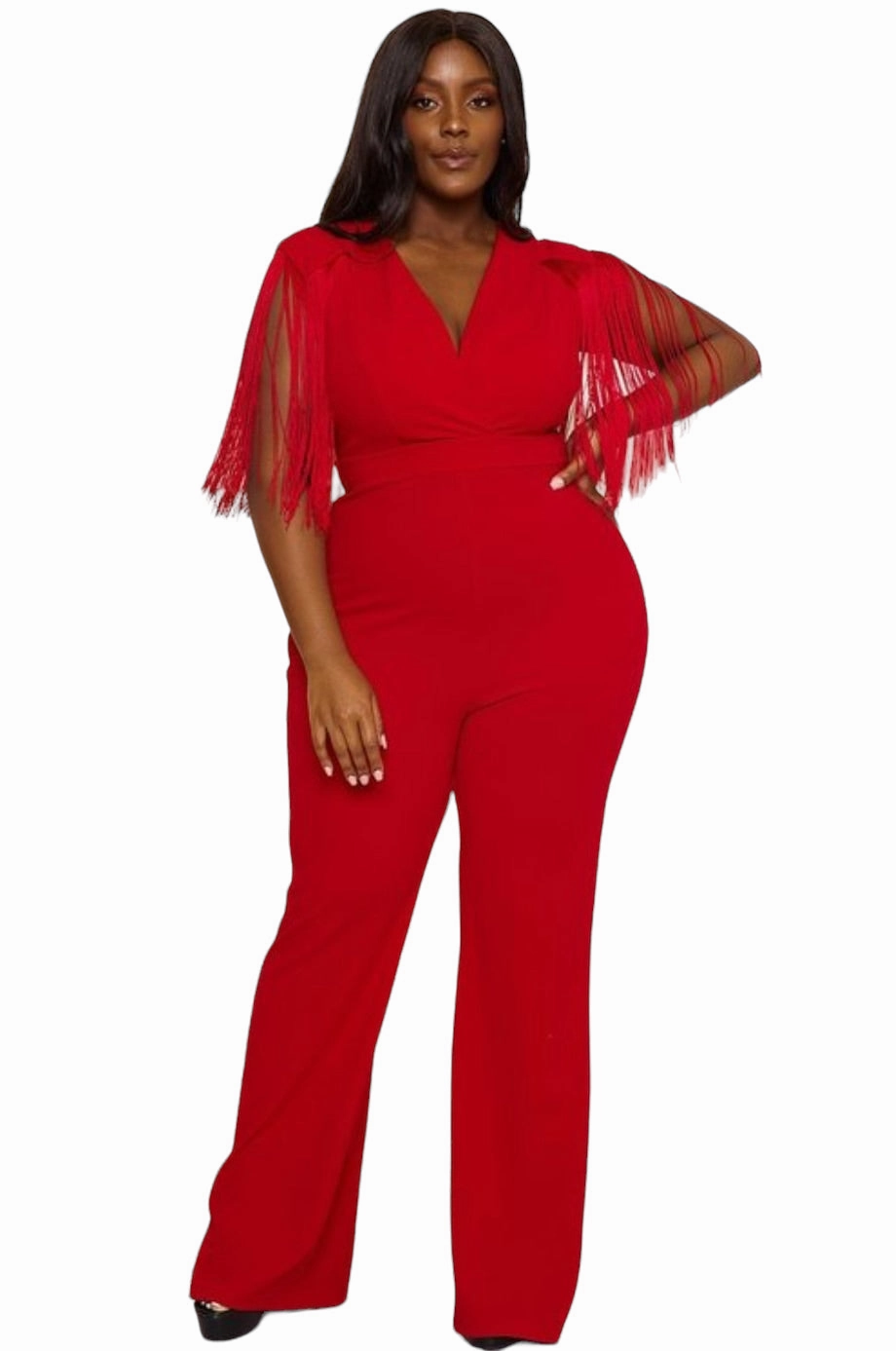 Bound Seam Finish Flatlock Seams Final Sale Plus Size Fringe Shoulder Faux Wrap Jumpsuit Red