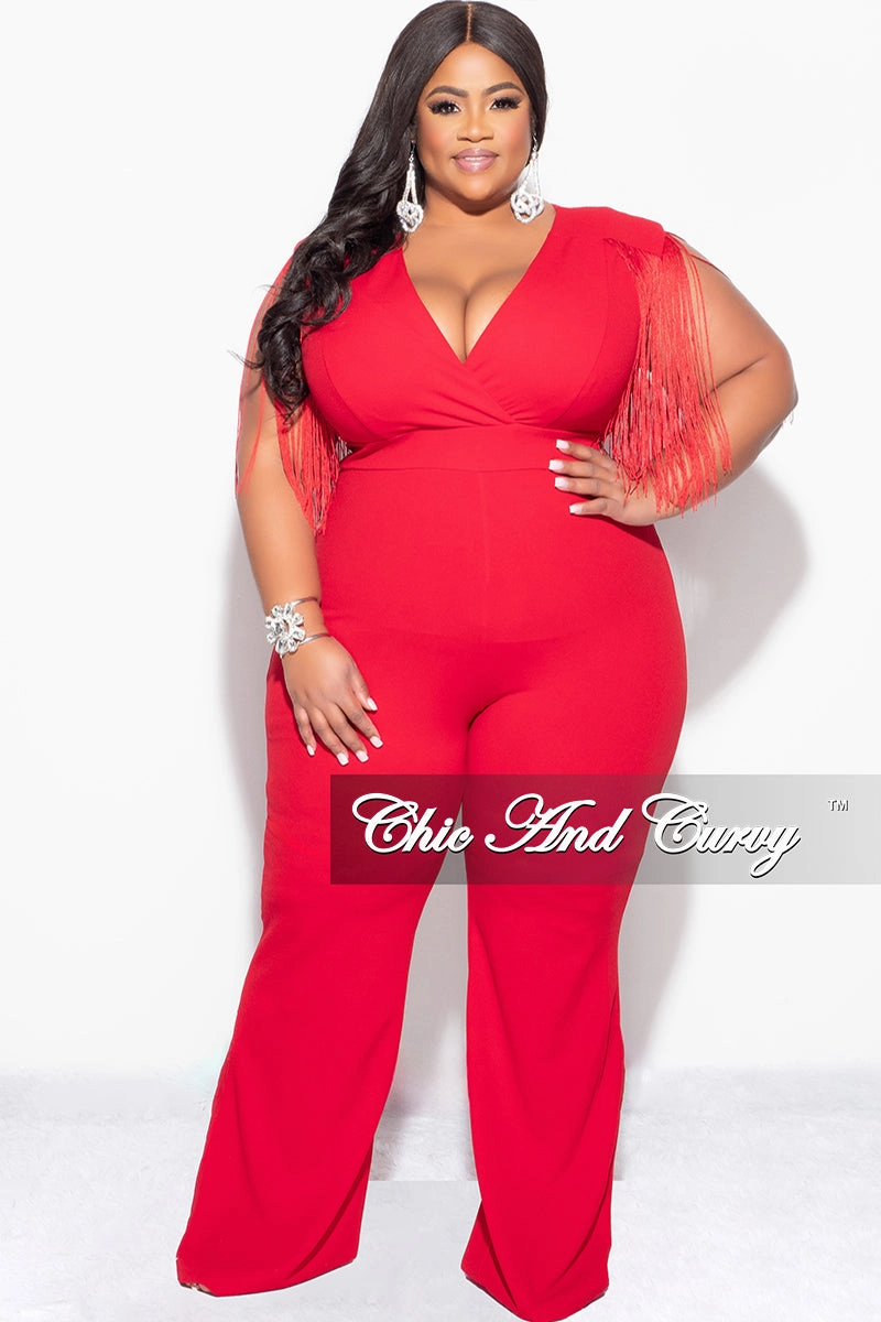 Final Sale Plus Size Fringe Shoulder Faux Wrap Jumpsuit Red LightweightTexture AthleisureCompatible