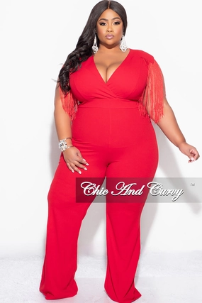 Cold Weather Final Sale Plus Size Fringe Shoulder Faux Wrap Jumpsuit Red