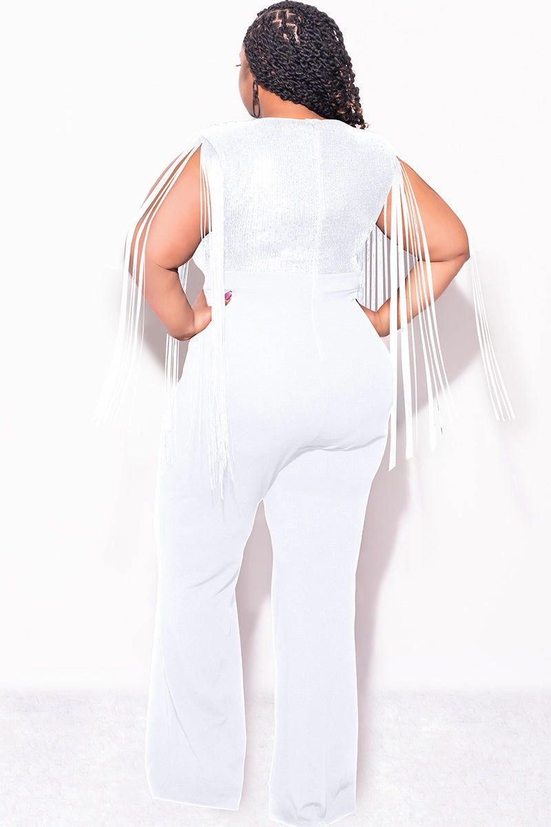 AntiPillingTreatment Sun Protective Fabric Final Sale Plus Size Fringe Shoulder Faux Wrap Sequin Jumpsuit Ivory