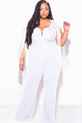 Final Sale Plus Size Fringe Shoulder Faux Wrap Sequin Jumpsuit Ivory Hydrophobic Surface Treatment Fitted Shirt