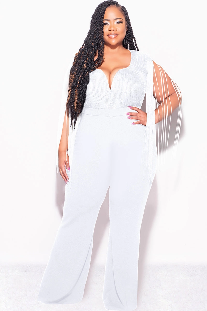 Final Sale Plus Size Fringe Shoulder Faux Wrap Sequin Jumpsuit Ivory Versatile Layering Piece StretchableKnit