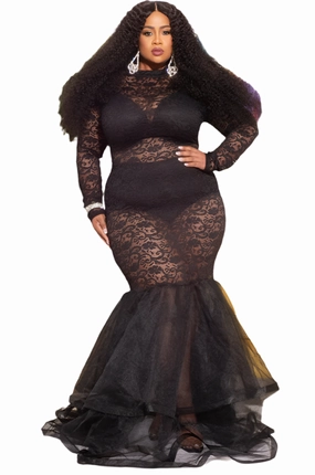Final Sale Plus Size Full Length Lace Mermaid Gown with Tulle in Black Active Design LightweightWeave
