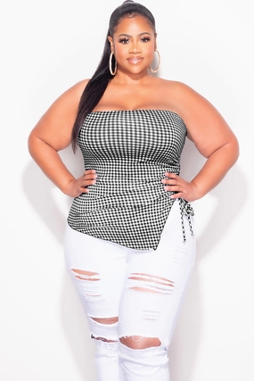 NonChafingEdges Final Sale Plus Size Gingham Tube Top with Drawstring Ruched Side in Black & White