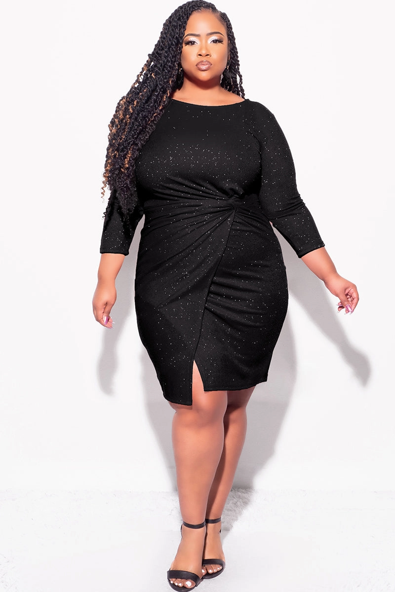AbrasionResistantEdging Hydrophobic Threadwork Final Sale Plus Size Glitter BodyCon with Front Overlay and Ruched Side in Black