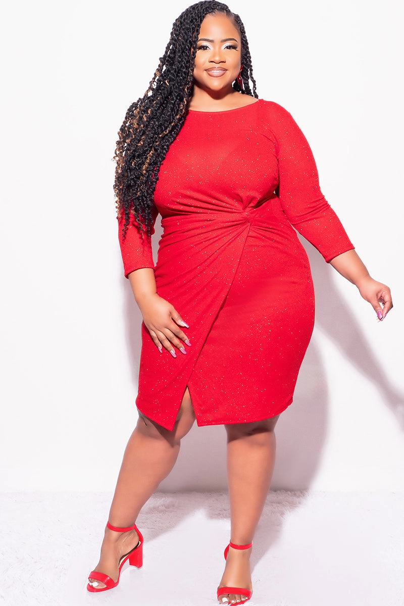 Final Sale Plus Size Glitter BodyCon with Front Overlay and Ruched Side in Red Reinforced Shoulder Panels Biodegradable material