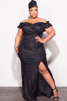 Final Sale Plus Size Glitter Pleated Maxi Dress in Black Erasable Logo Patch Trendy Comfort