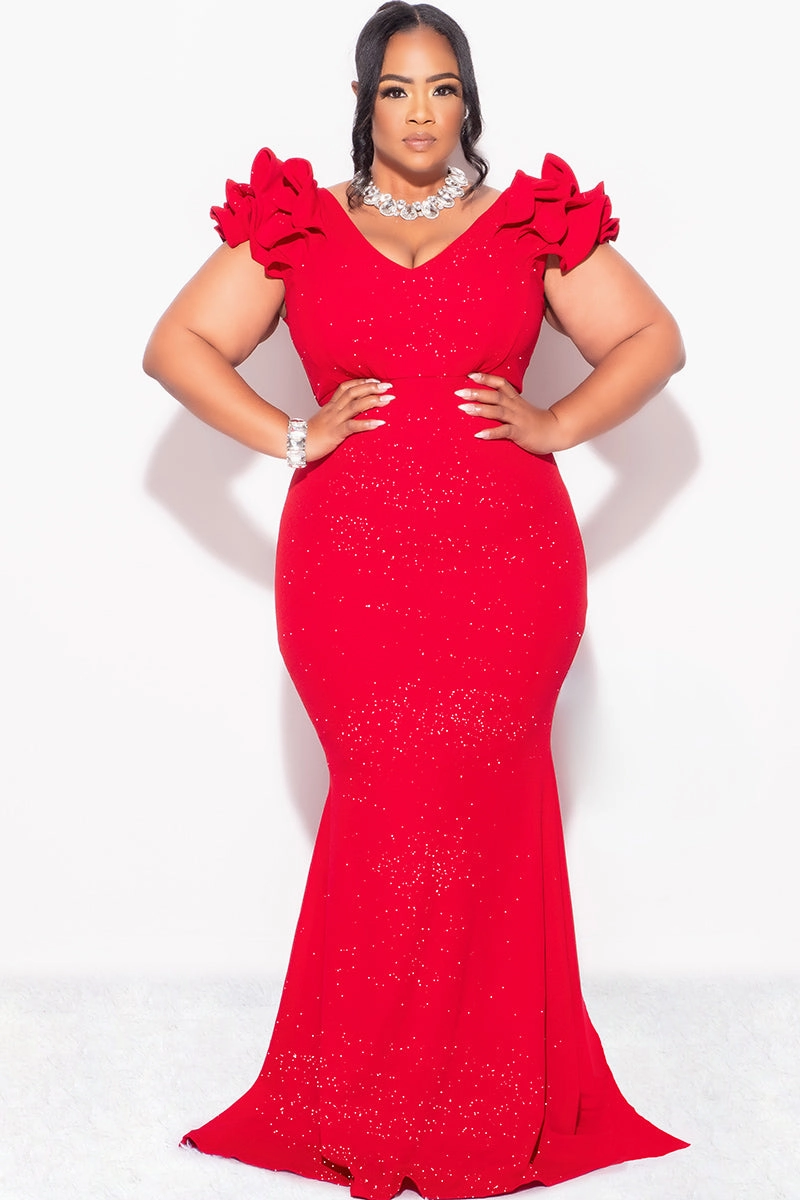 Casual Style Four Way Stretch Material Final Sale Plus Size Gown with Layered Sleeves in Glitter Red Fabric