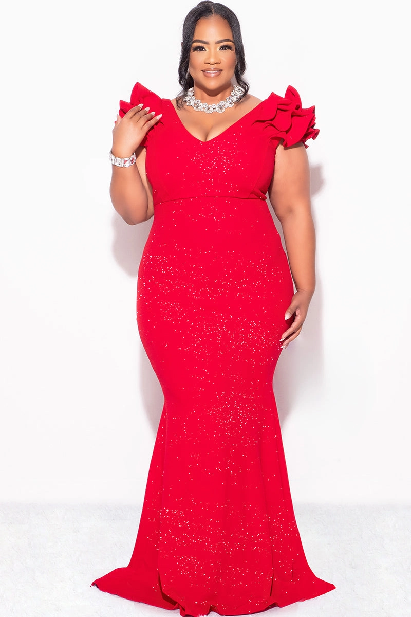 Anti Pilling Final Sale Plus Size Gown with Layered Sleeves in Glitter Red Fabric