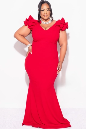 Final Sale Plus Size Gown with Layered Sleeves in Solid Red (Non-Glitter Fabric) DoubleStitched