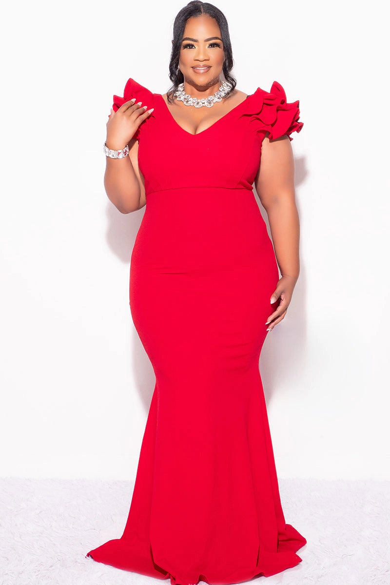 Loose Blouse Final Sale Plus Size Gown with Layered Sleeves in Solid Red (Non-Glitter Fabric)
