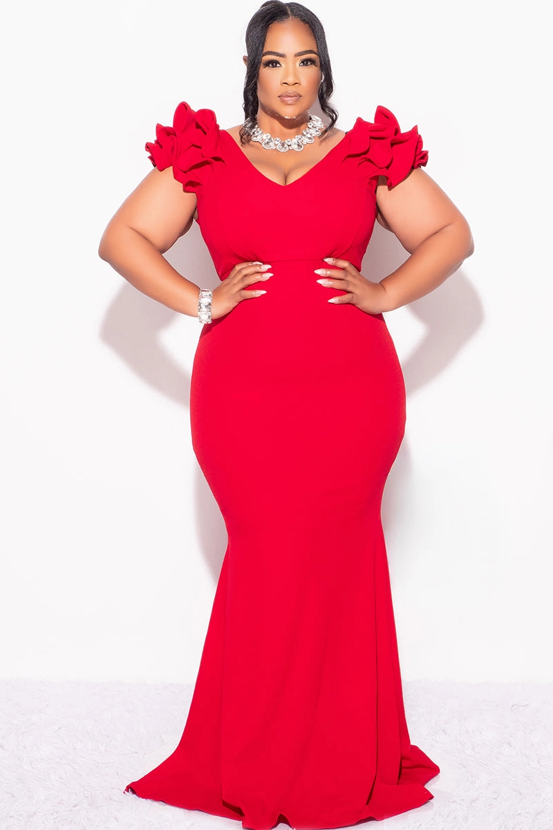 Multi Directional Zipper Placement Reinforced Stitching Final Sale Plus Size Gown with Layered Sleeves in Solid Red (Non-Glitter Fabric)