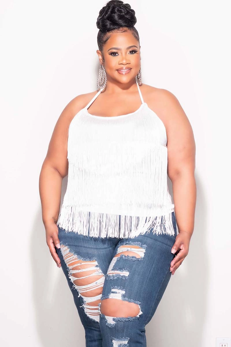 Blackout fabric Abrasion Proof Reinforcements Final Sale Plus Size Halter Fringe Top in White
