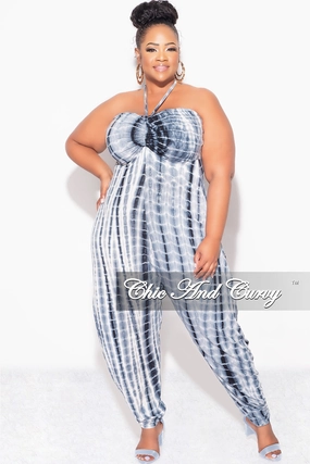 Curved Waistline Final Sale Plus Size Halter Harem Jumpsuit in Navy & White Tie Dye Print