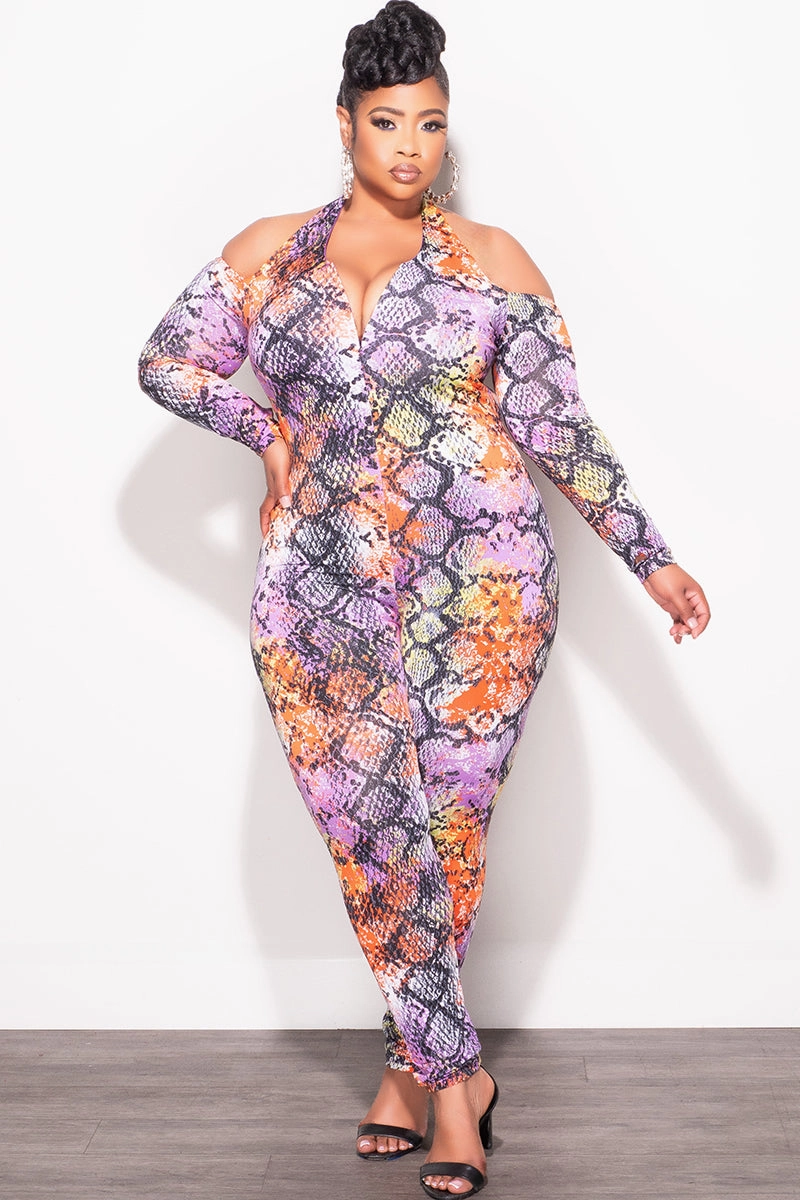 Final Sale Plus Size Halter Jumpsuit in Multi-Color Snake Print Casual Active Wear