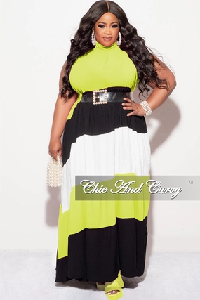 LightweightDesign Final Sale Plus Size Halter Maxi Dress In Lime Black and White