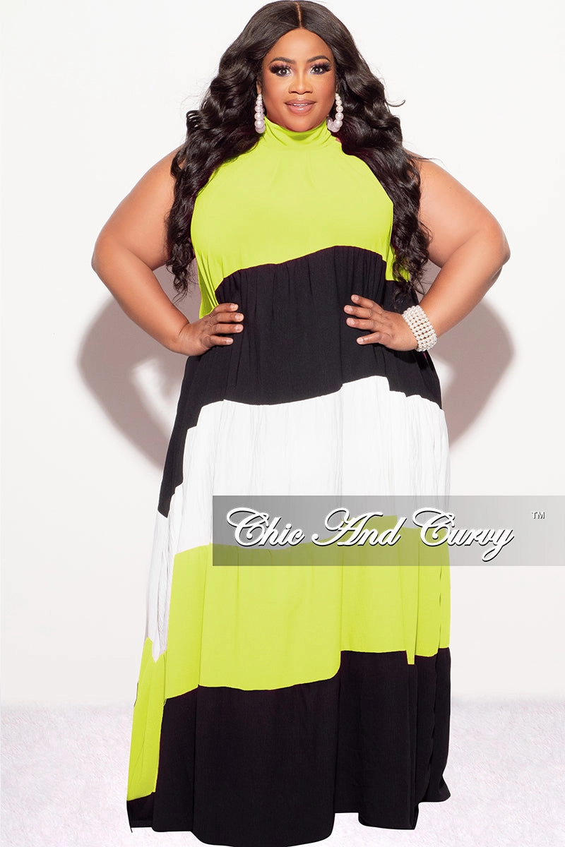 Comfortable Wear Easy Care Fabric Finish Final Sale Plus Size Halter Maxi Dress In Lime Black and White