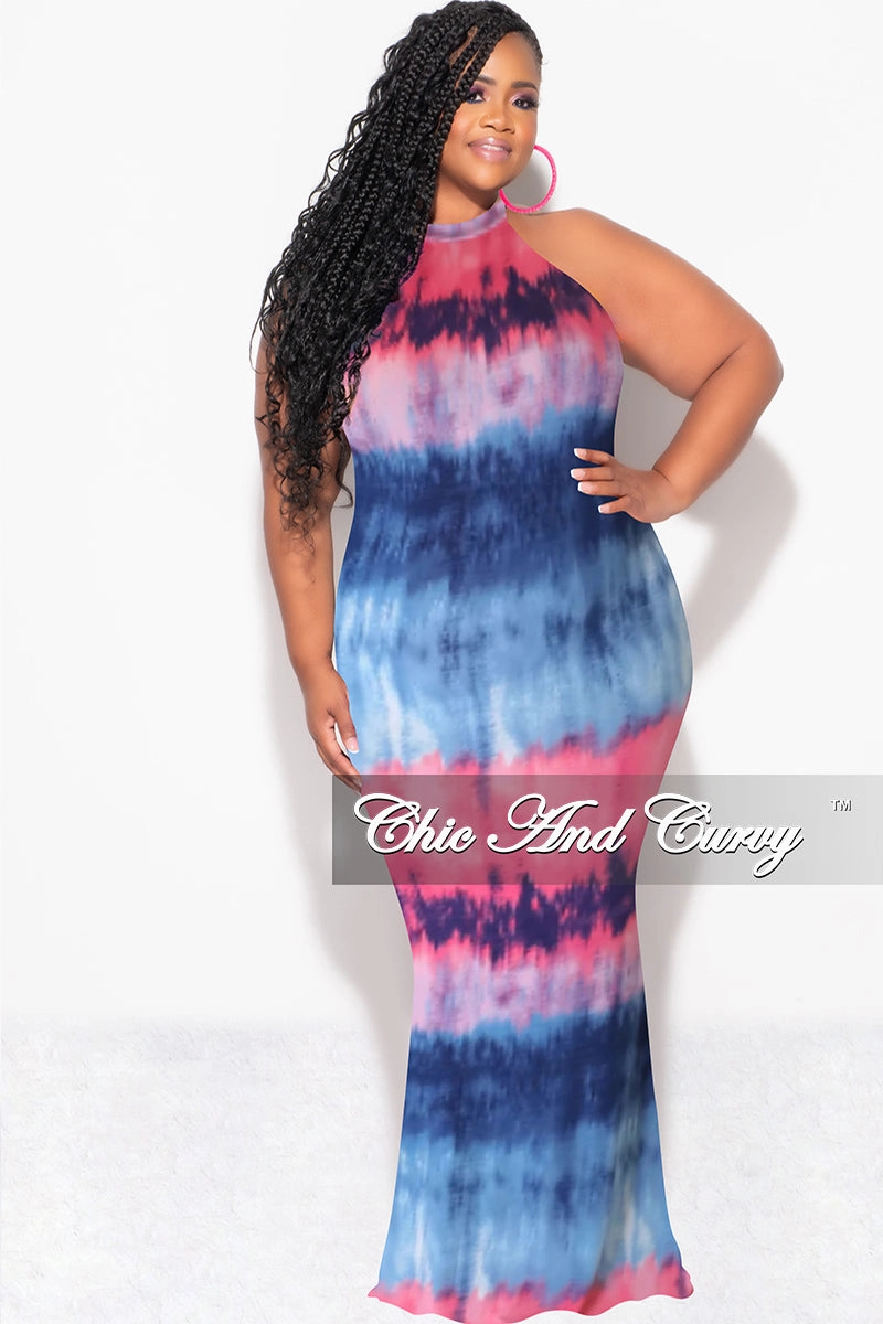 Final Sale Plus Size Halter Neck Sleeveless Mermaid Dress in Pink & Blue Tie Dye Print Anti Static Lining Sleek Appearance