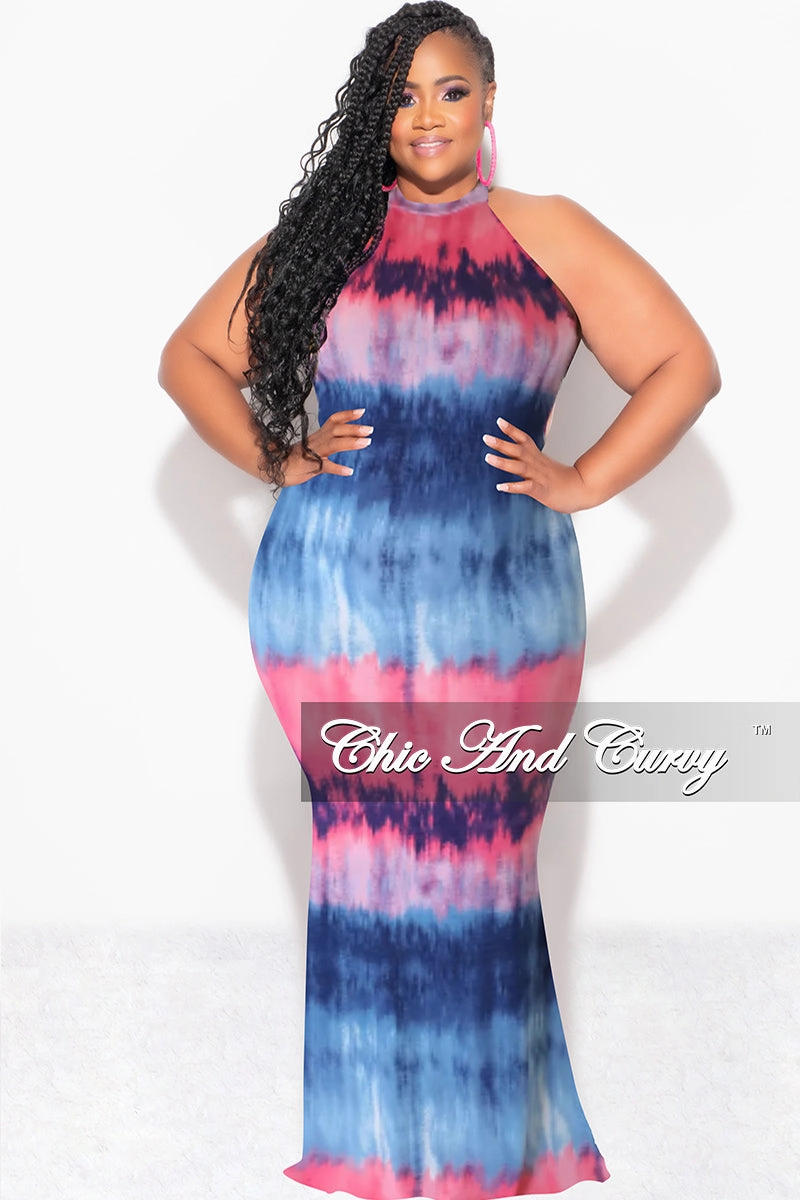 Final Sale Plus Size Halter Neck Sleeveless Mermaid Dress in Pink & Blue Tie Dye Print Low Bulk Design