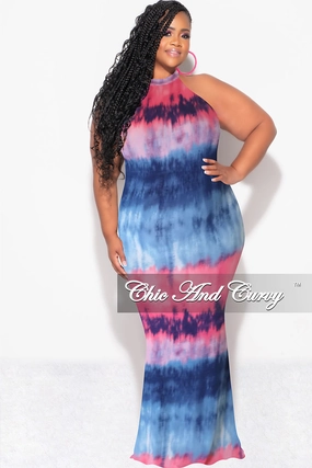 Final Sale Plus Size Halter Neck Sleeveless Mermaid Dress in Pink & Blue Tie Dye Print Anti Static Lining Sleek Appearance