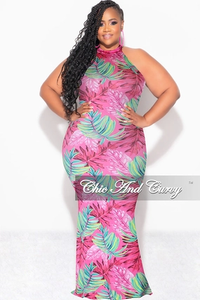 LightweightConstruction Final Sale Plus Size Halter Neck Sleeveless Mermaid Dress in Pink and Green Leaf Print