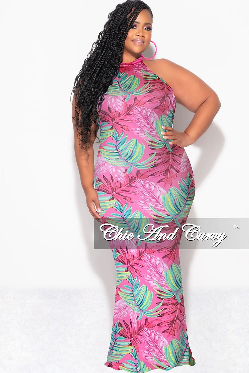 SmoothZipClosure Stain Resistant Weave Final Sale Plus Size Halter Neck Sleeveless Mermaid Dress in Pink and Green Leaf Print