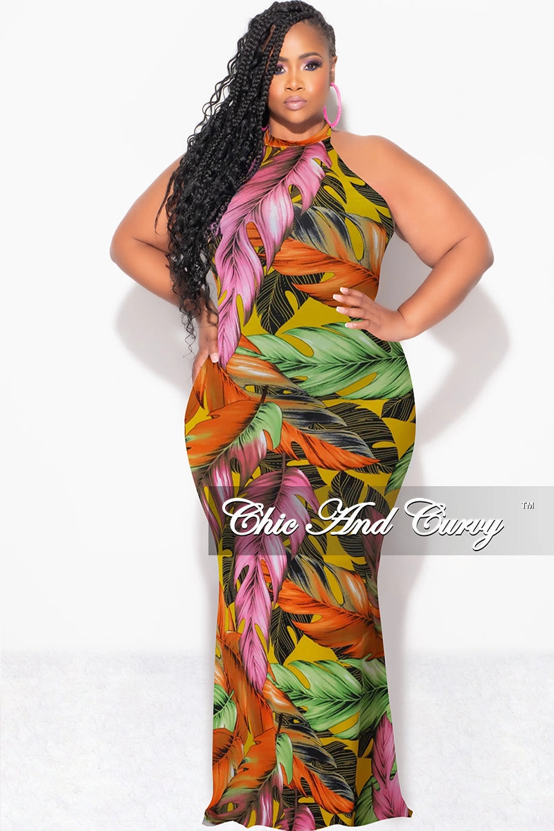 FlexibleKnees WrinkleFreeFinish Final Sale Plus Size Halter Neck Sleeveless Mermaid Dress in Yellow / Orange