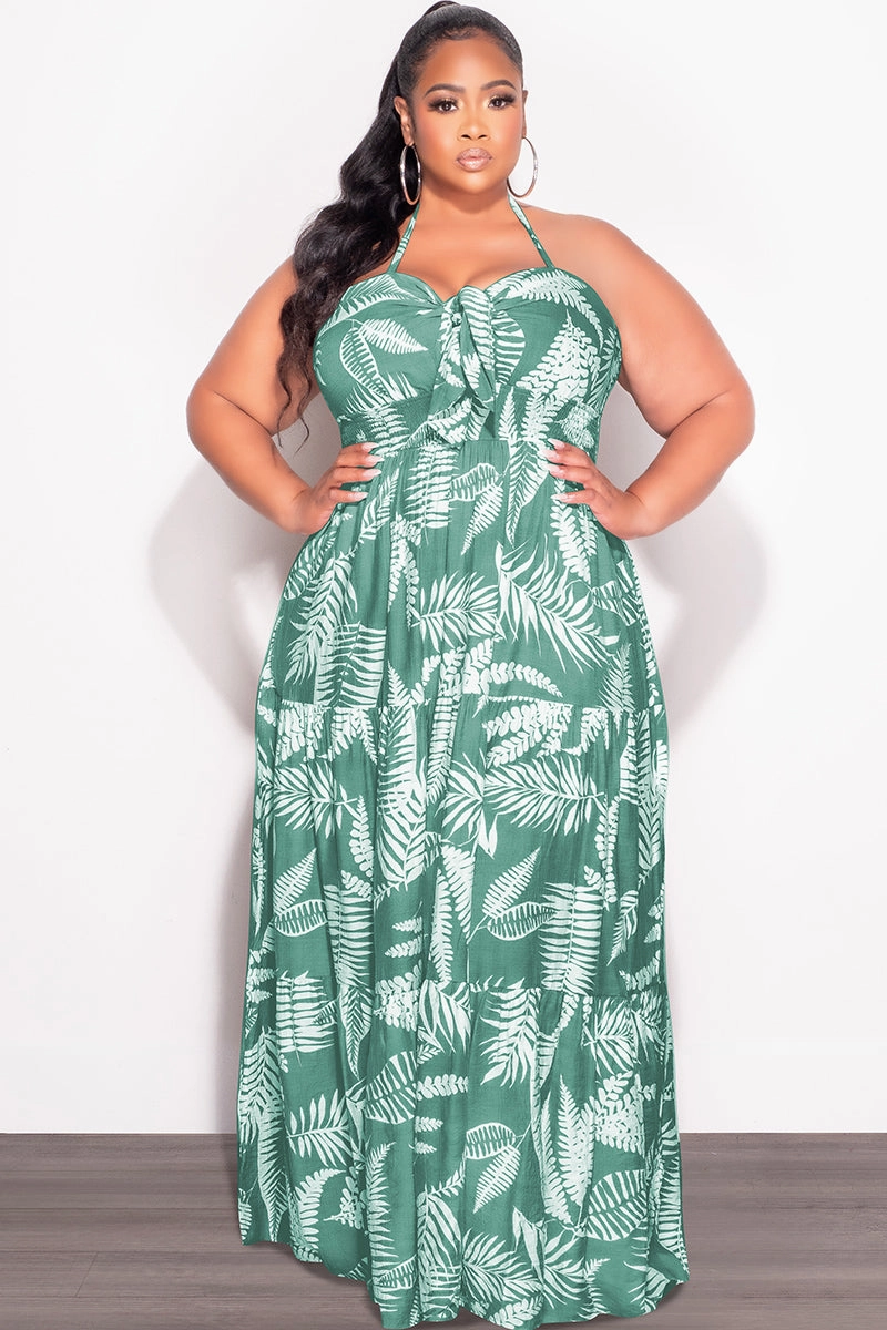 Final Sale Plus Size Halter Tiered Dress in Green & White Leaf Print Non Iron Technology Anti Odor Technology