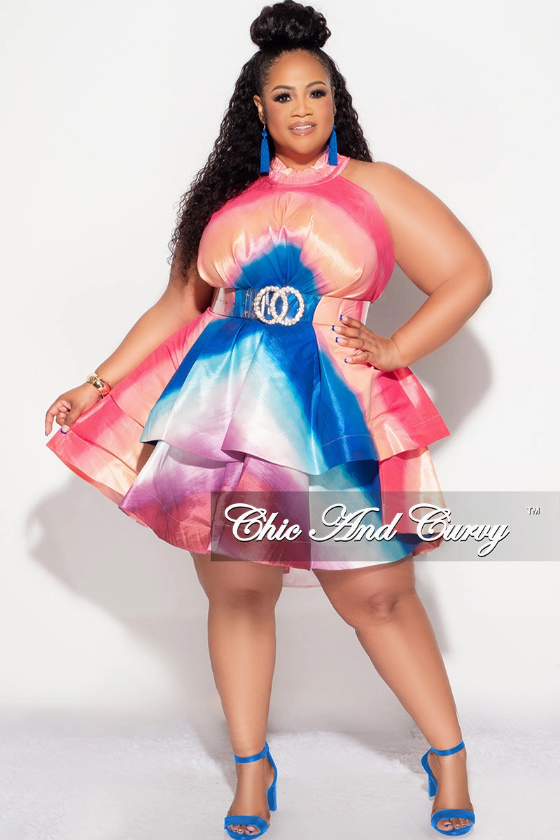 Final Sale Plus Size Halter Tiered Ruffle Mini Dress in Multi Color Print Fast Move Comfortable Movement
