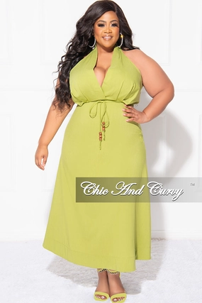 Final Sale Plus Size Halter V Neck Dress in Lime Hip Friendly Pockets
