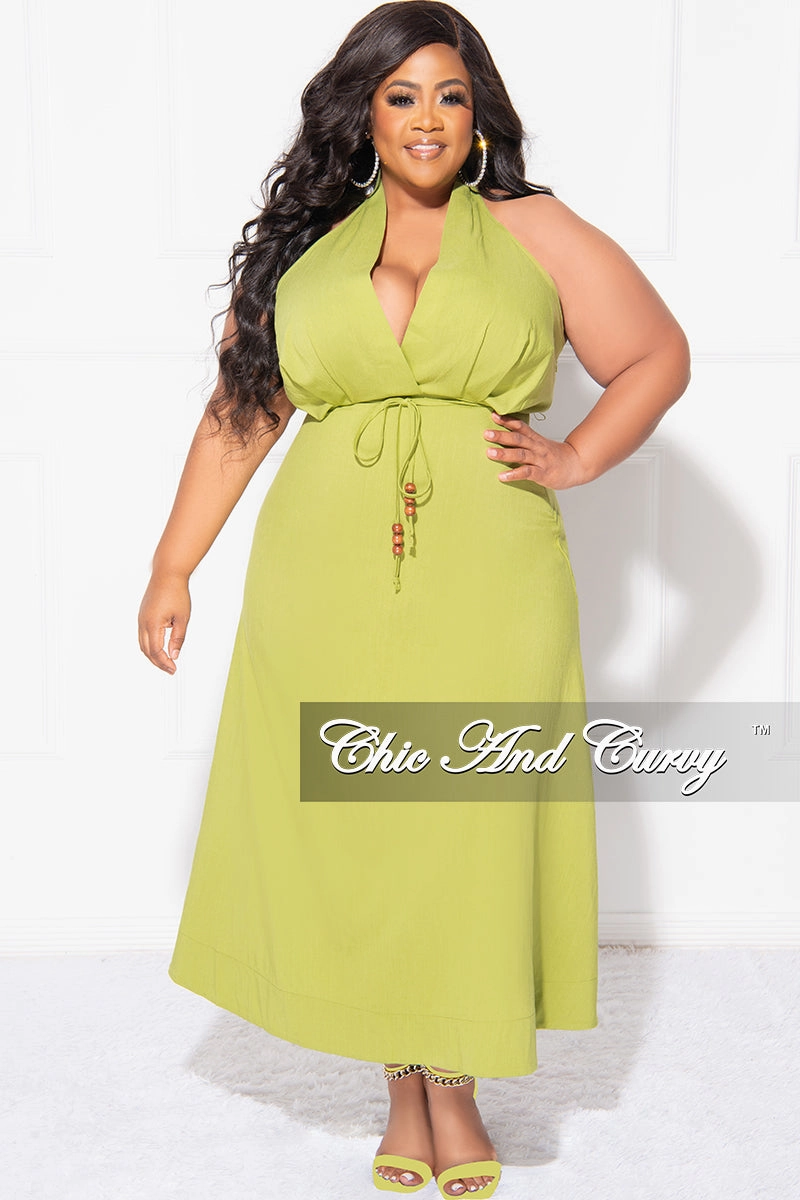 Final Sale Plus Size Halter V Neck Dress in Lime Hip Friendly Pockets