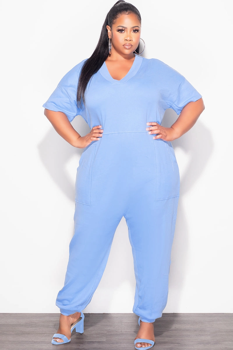 Final Sale Plus Size Harem Jumpsuit in Light Blue Essential Waist