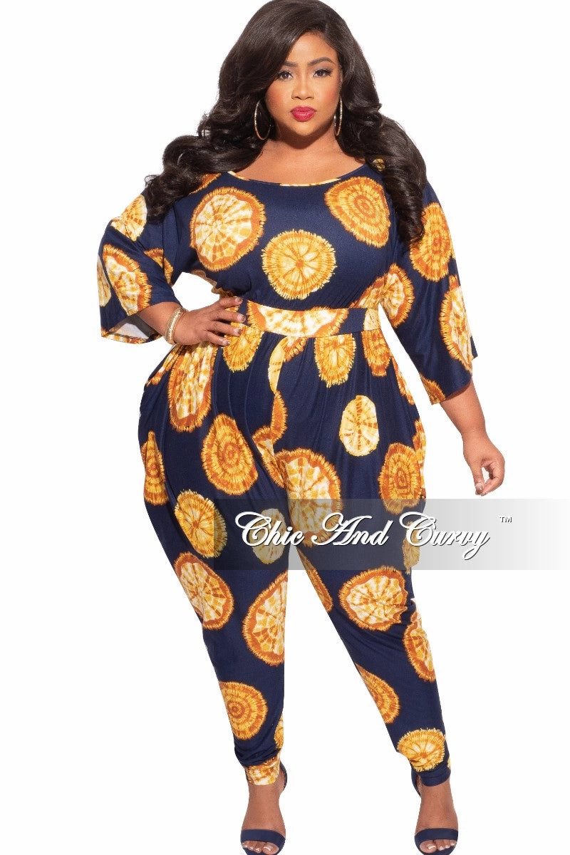 Final Sale Plus Size Harem Jumpsuit in Navy & Mustard Print Casual Vibes