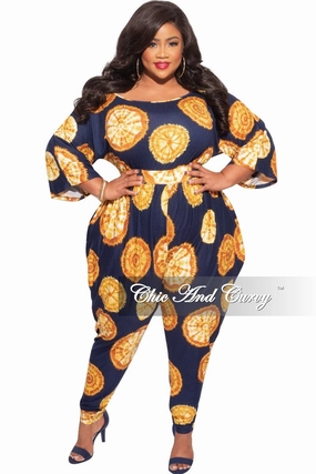 Stretchy Material Final Sale Plus Size Harem Jumpsuit in Navy & Mustard Print