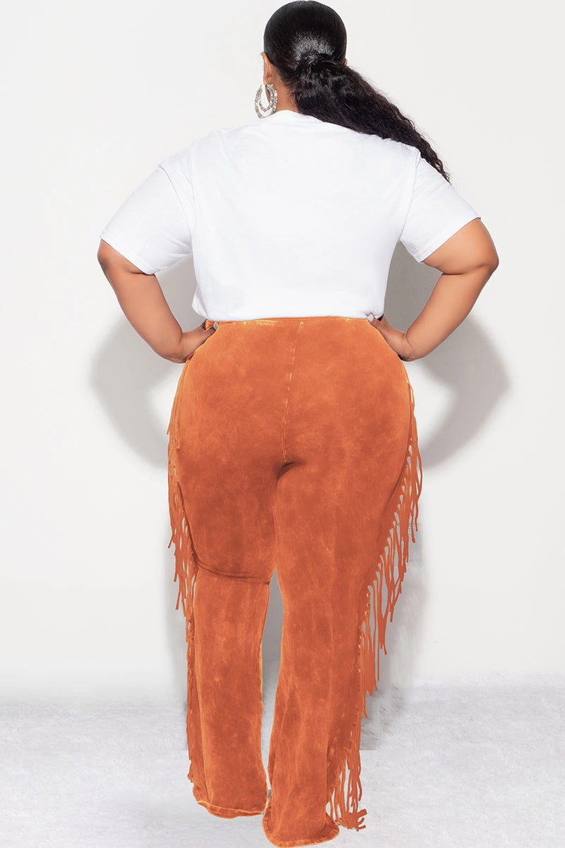 Final Sale Plus Size High Waist Fringe Trim Pants in Rust Mineral Wash Print Jersey AntiStaticLining