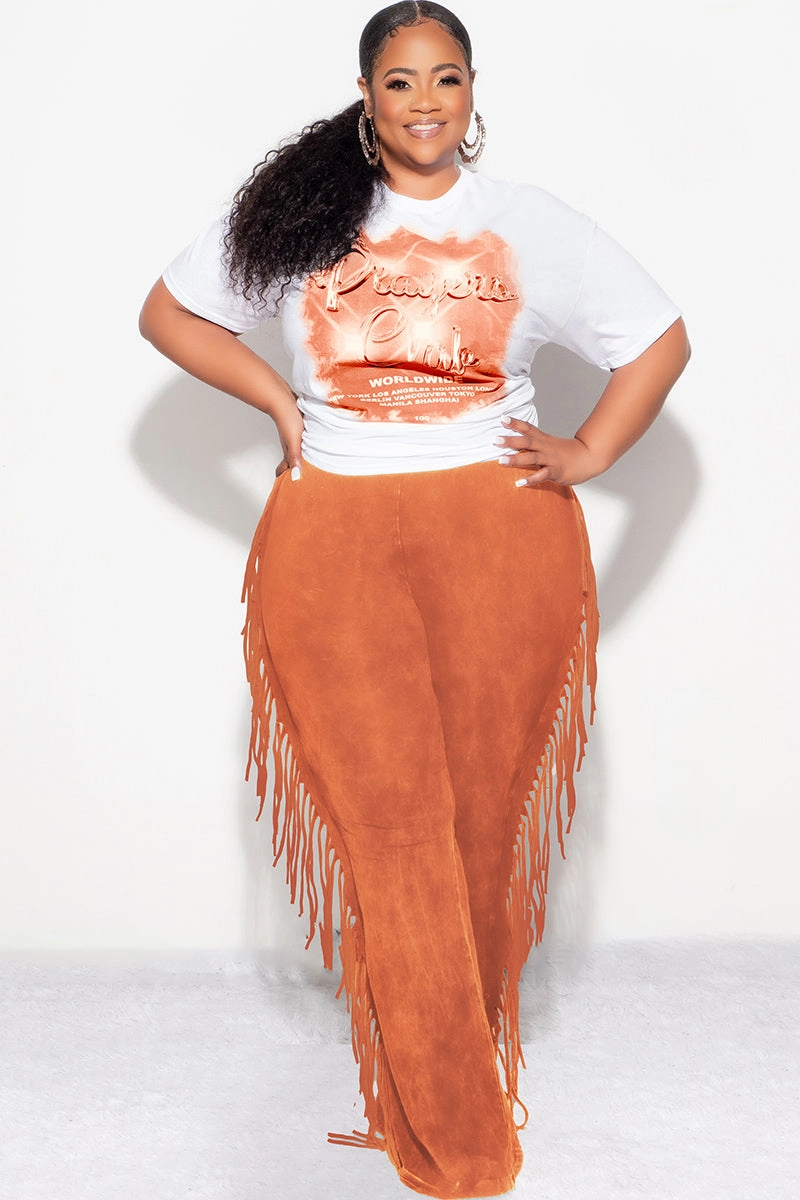 Roomy Fit Relaxed Wear Final Sale Plus Size High Waist Fringe Trim Pants in Rust Mineral Wash Print Jersey
